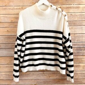 Blue Rain Sweater Women’s Size Small Stripe Mock Neck Crop Fuzzy Pullover